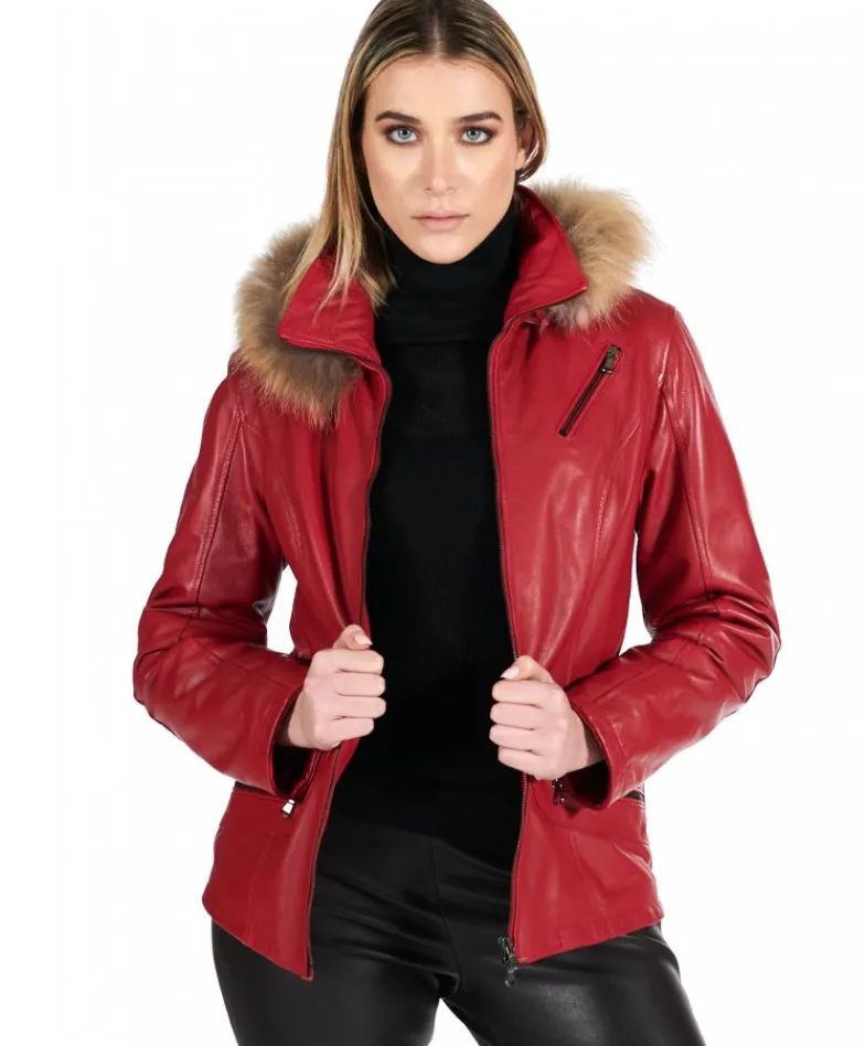 Donna D'Arienzo 627 - Parka in pelle rossa con cappuccio in pelliccia effetto liscio