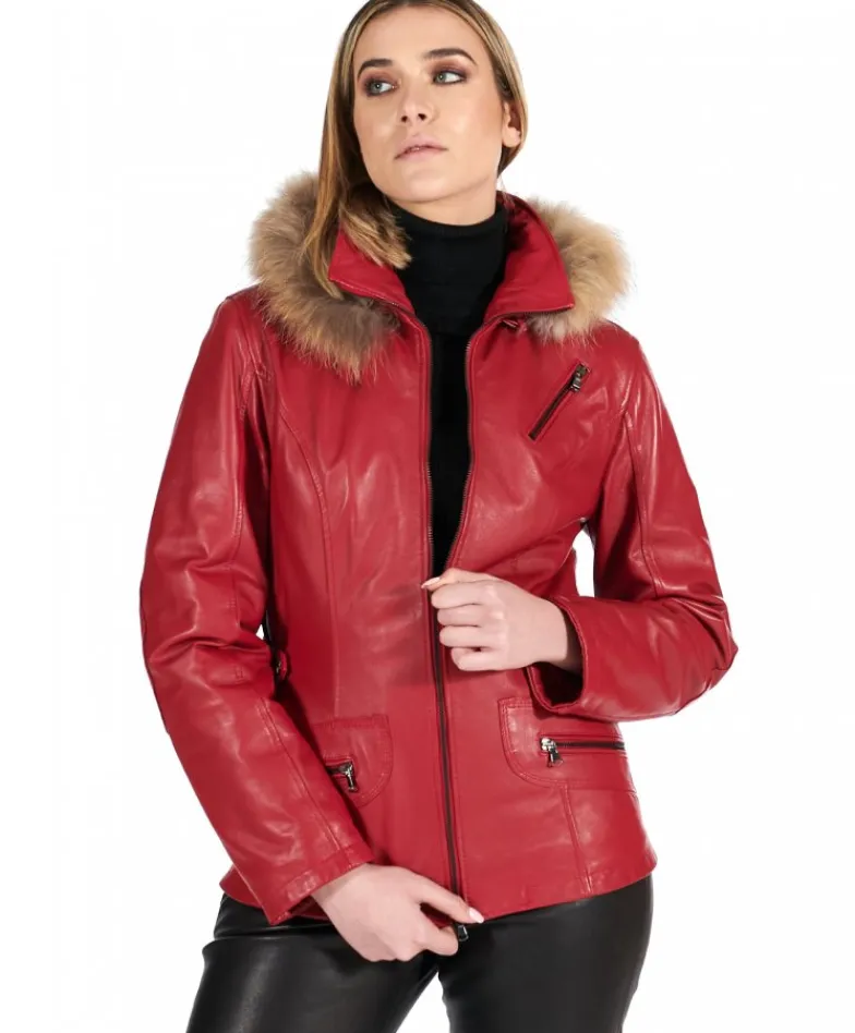 Donna D'Arienzo 627 - Parka in pelle rossa con cappuccio in pelliccia effetto liscio