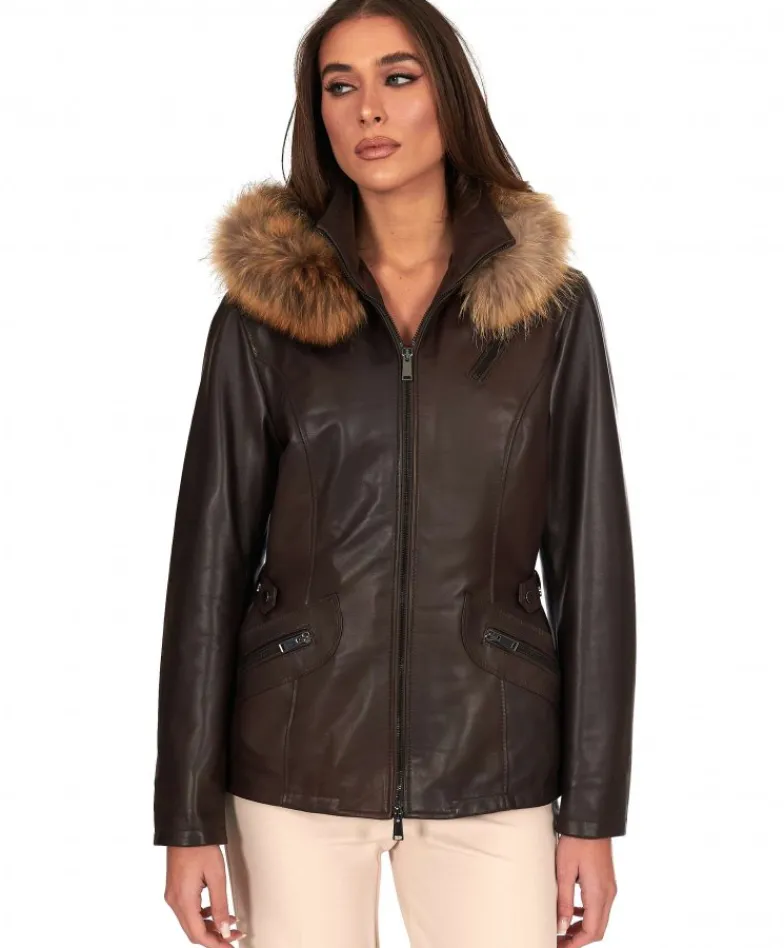 Donna D'Arienzo 627 - Parka in pelle testa di moro con cappuccio in pelliccia effetto liscio