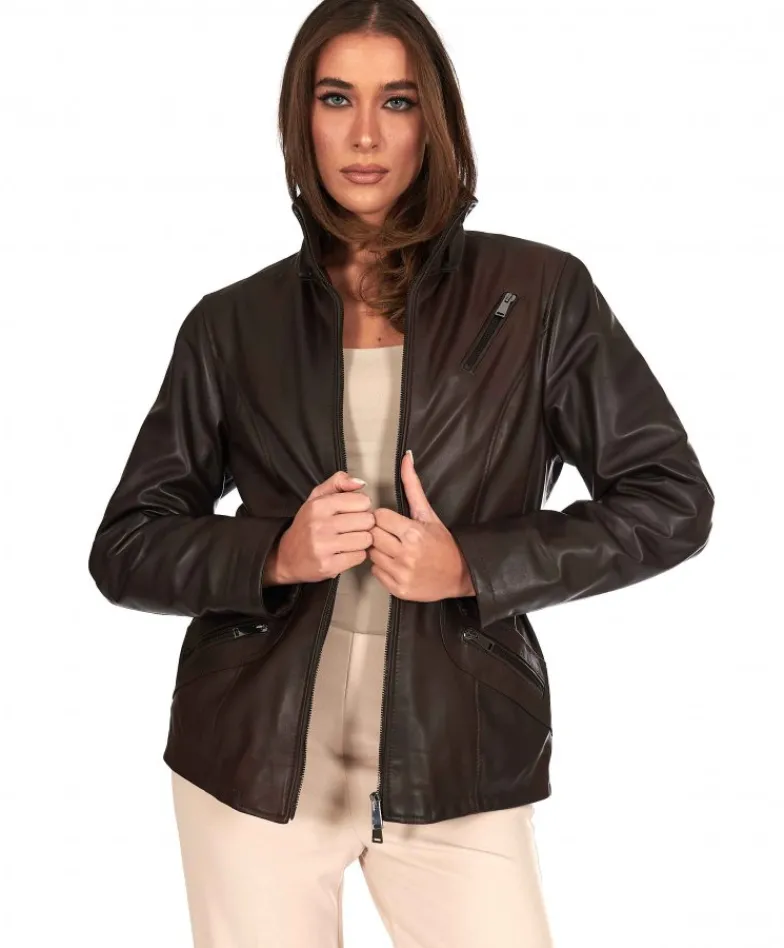 Donna D'Arienzo 627 - Parka in pelle testa di moro con cappuccio in pelliccia effetto liscio