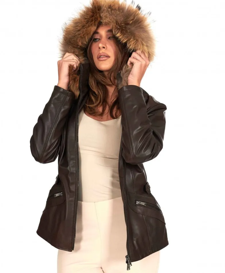 Donna D'Arienzo 627 - Parka in pelle testa di moro con cappuccio in pelliccia effetto liscio