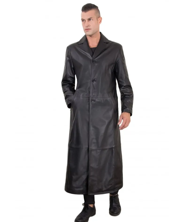 Uomo D'Arienzo 2299 matrix - Cappotto lungo in pelle nera stile matrix