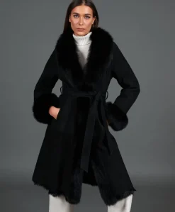 Donna D'Arienzo Ada - Cappotto in montone scamosciato nero con bordi in volpe