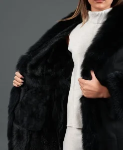 Donna D'Arienzo Ada - Cappotto in montone scamosciato nero con bordi in volpe