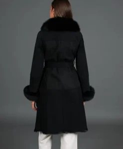 Donna D'Arienzo Ada - Cappotto in montone scamosciato nero con bordi in volpe