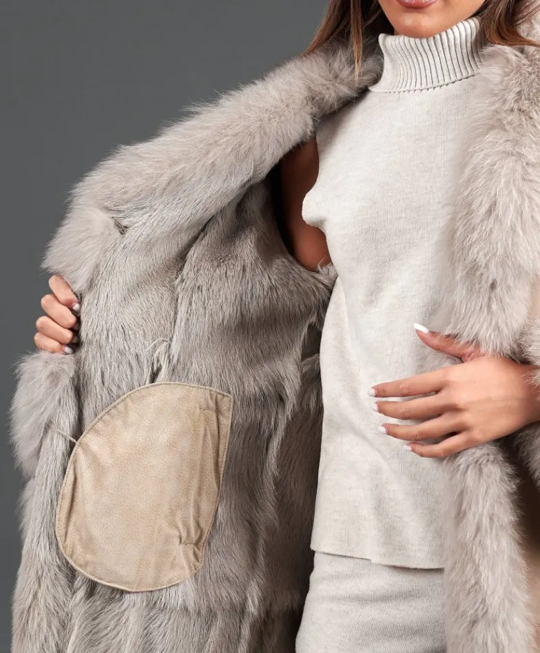 Donna D'Arienzo Ada - Cappotto in montone scamosciato beige con bordi in volpe