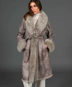 Donna D'Arienzo Ada - Cappotto in pelliccia di lapin nappato grigio con collo in volpe