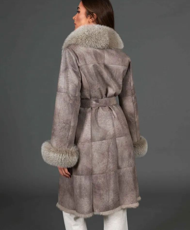 Donna D'Arienzo Ada - Cappotto in pelliccia di lapin nappato grigio con collo in volpe
