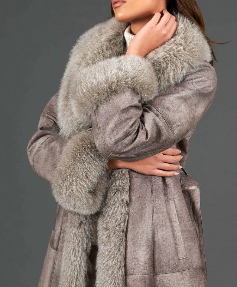 Donna D'Arienzo Ada - Cappotto in pelliccia di lapin nappato grigio con collo in volpe