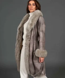 Donna D'Arienzo Ada - Cappotto in pelliccia di lapin nappato grigio con collo in volpe