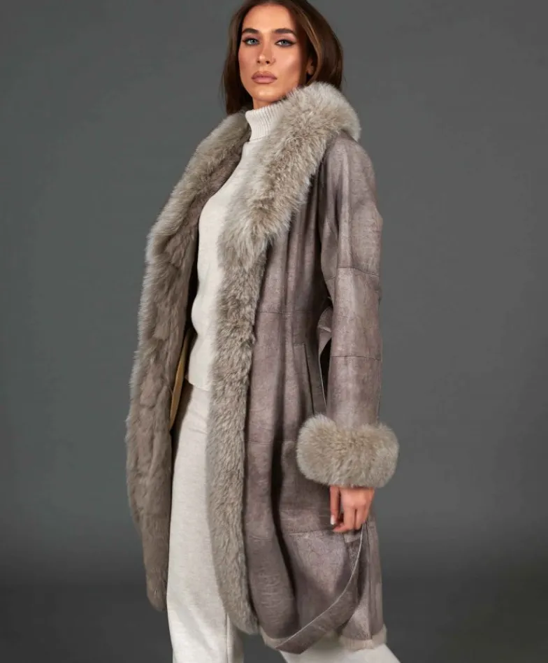 Donna D'Arienzo Ada - Cappotto in pelliccia di lapin nappato grigio con collo in volpe