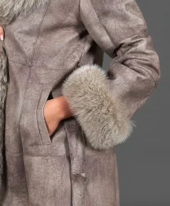 Donna D'Arienzo Ada - Cappotto in pelliccia di lapin nappato grigio con collo in volpe