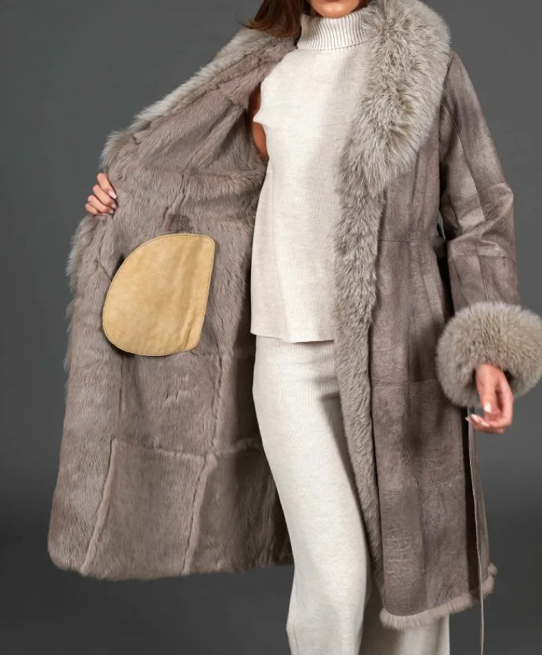 Donna D'Arienzo Ada - Cappotto in pelliccia di lapin nappato grigio con collo in volpe
