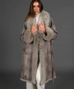 Donna D'Arienzo Ada - Cappotto in pelliccia di lapin nappato grigio con collo in volpe