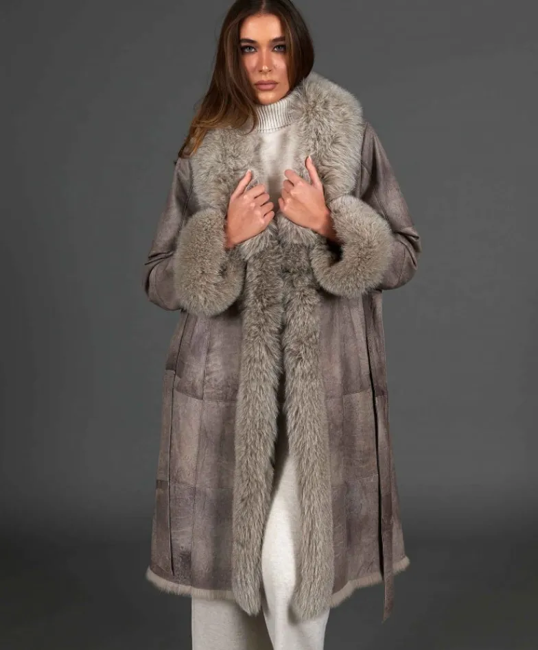 Donna D'Arienzo Ada - Cappotto in pelliccia di lapin nappato grigio con collo in volpe