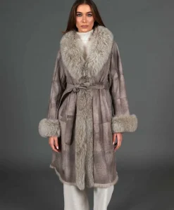 Donna D'Arienzo Ada - Cappotto in pelliccia di lapin nappato grigio con collo in volpe