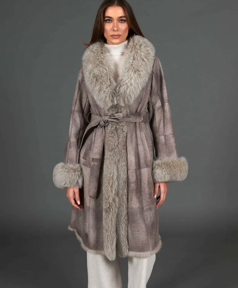 Donna D'Arienzo Ada - Cappotto in pelliccia di lapin nappato grigio con collo in volpe