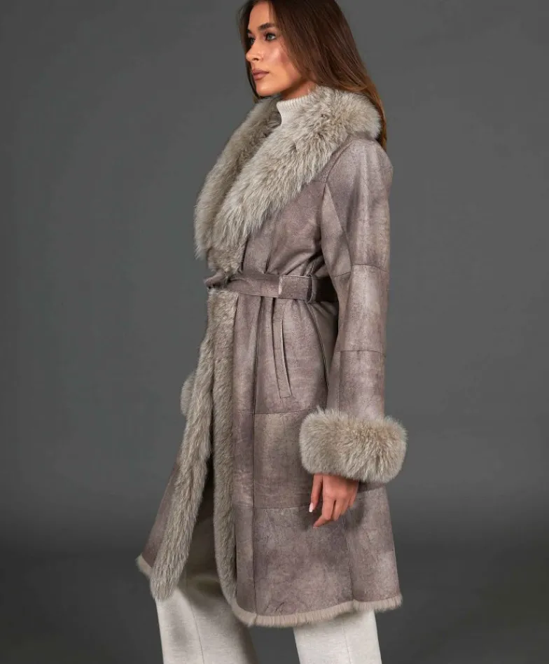 Donna D'Arienzo Ada - Cappotto in pelliccia di lapin nappato grigio con collo in volpe
