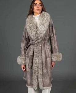 Donna D'Arienzo Ada - Cappotto in pelliccia di lapin nappato grigio con collo in volpe