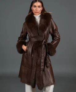 Donna D'Arienzo Ada - Cappotto in pelliccia di lapin nappato marrone con collo in volpe