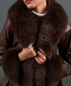 Donna D'Arienzo Ada - Cappotto in pelliccia di lapin nappato marrone con collo in volpe