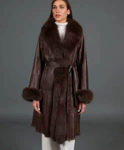 Donna D'Arienzo Ada - Cappotto in pelliccia di lapin nappato marrone con collo in volpe