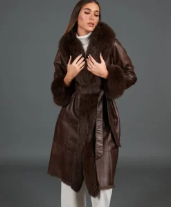 Donna D'Arienzo Ada - Cappotto in pelliccia di lapin nappato marrone con collo in volpe
