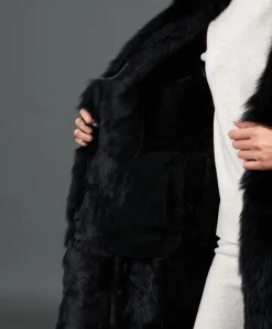 Donna D'Arienzo Ada - Cappotto in pelliccia di lapin nappato nero con collo in volpe