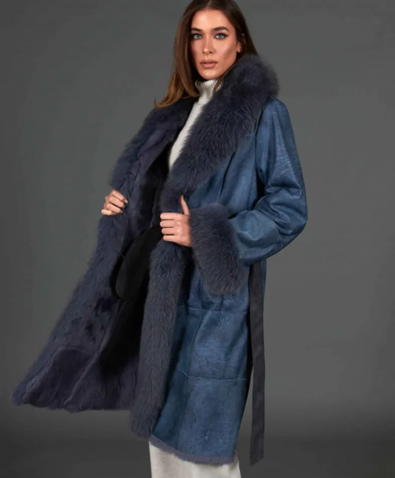 Donna D'Arienzo Ada - Cappotto in pelliccia di lapin nappato grigio con collo in volpe
