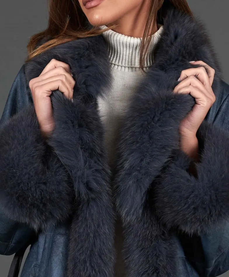 Donna D'Arienzo Ada - Cappotto in pelliccia di lapin nappato grigio con collo in volpe