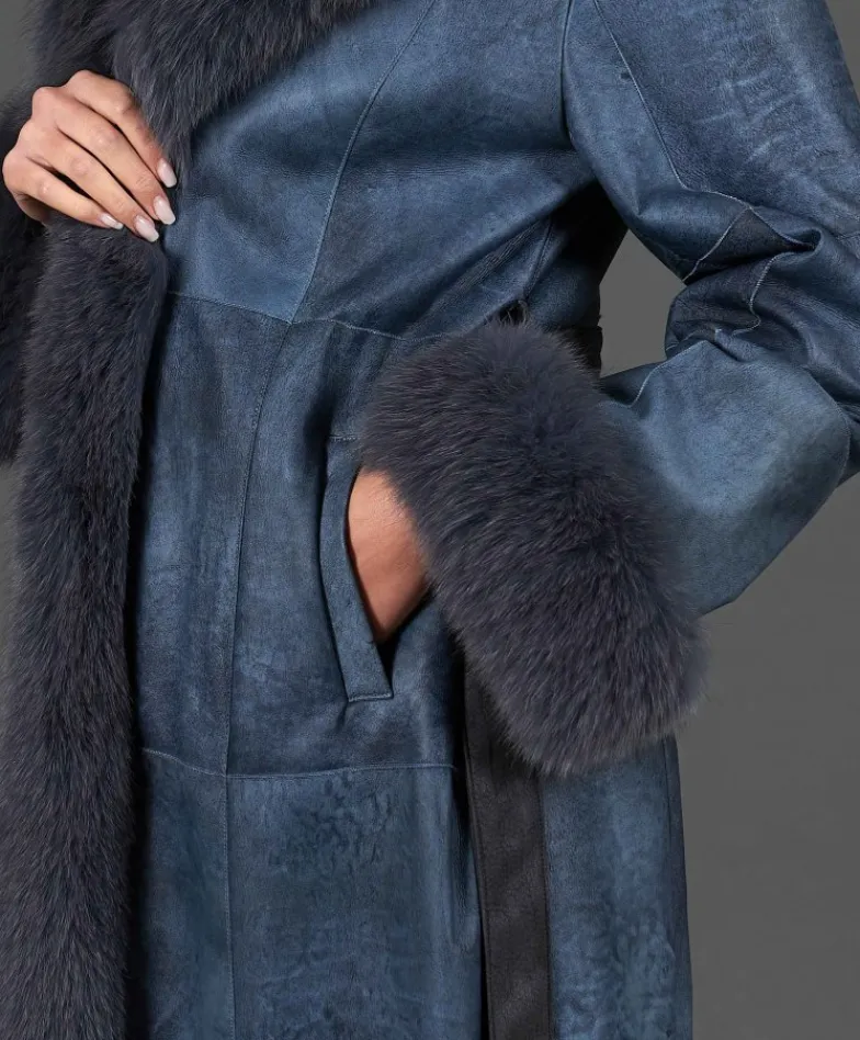 Donna D'Arienzo Ada - Cappotto in pelliccia di lapin nappato grigio con collo in volpe