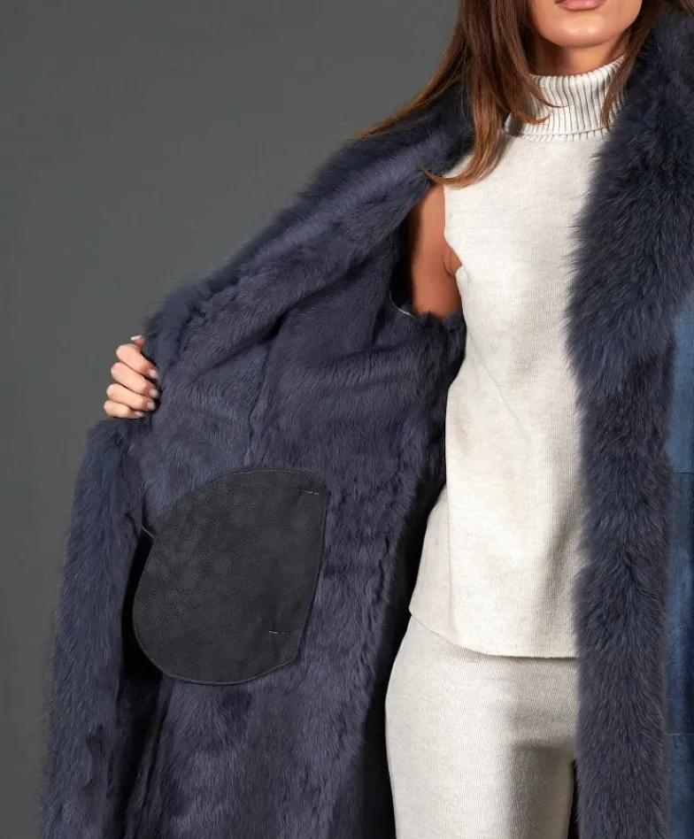 Donna D'Arienzo Ada - Cappotto in pelliccia di lapin nappato grigio con collo in volpe