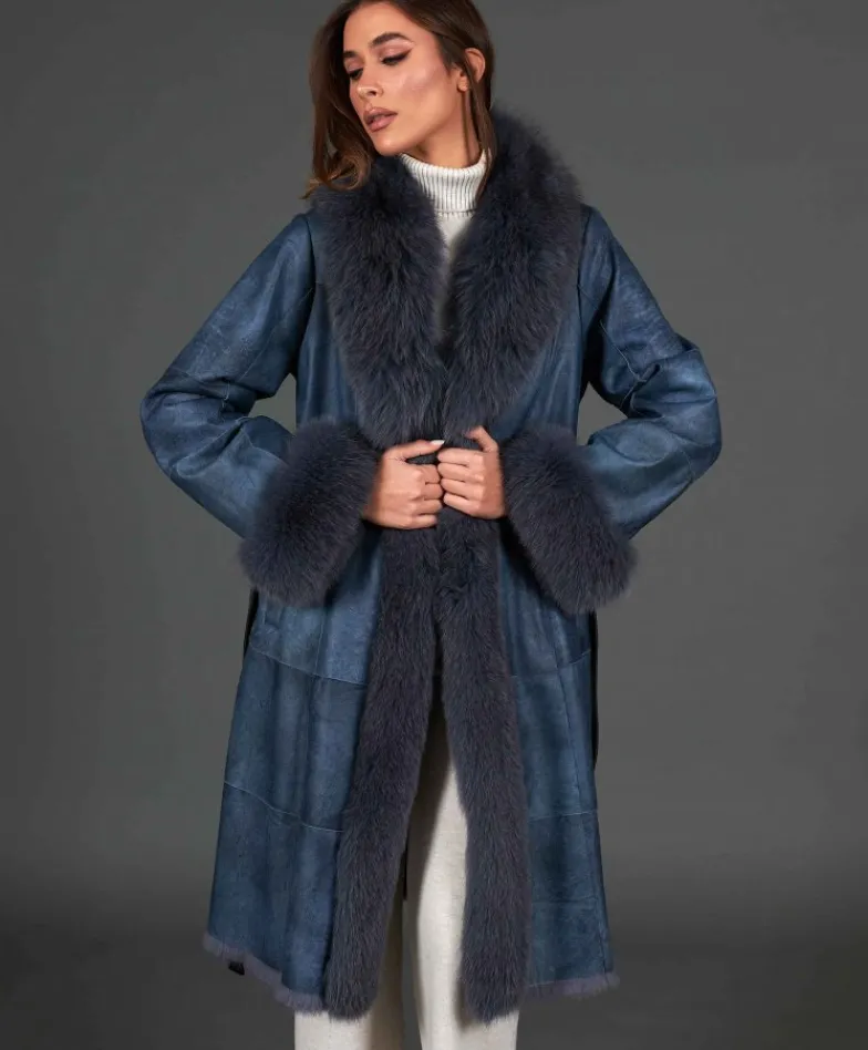 Donna D'Arienzo Ada - Cappotto in pelliccia di lapin nappato grigio con collo in volpe