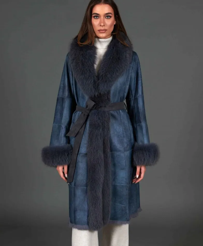 Donna D'Arienzo Ada - Cappotto in pelliccia di lapin nappato grigio con collo in volpe