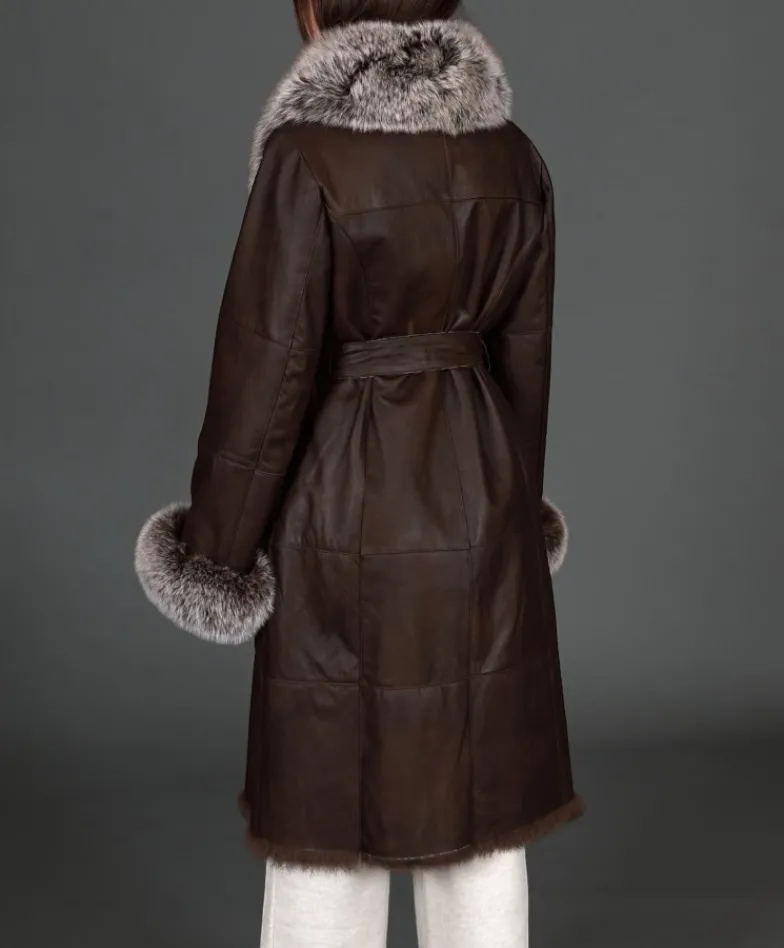 Donna D'Arienzo Ada - Cappotto in pelliccia di lapin nappato marrone con collo in volpe brinata
