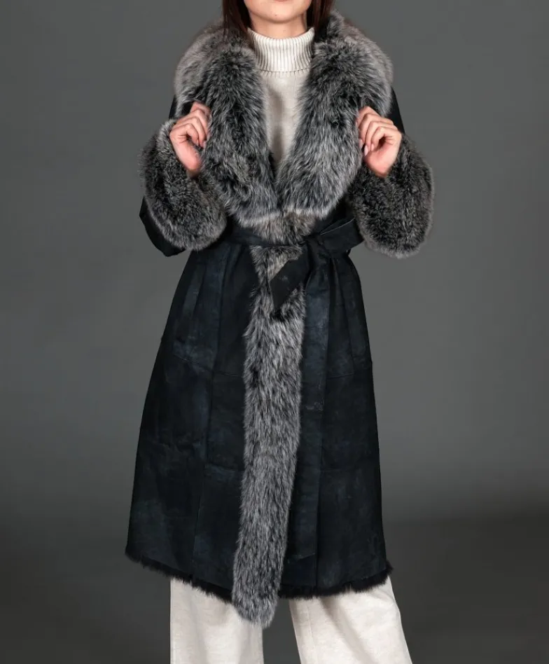 Donna D'Arienzo Ada - Cappotto in pelliccia di lapin nappato nero con collo in volpe brinata
