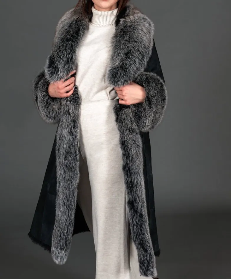Donna D'Arienzo Ada - Cappotto in pelliccia di lapin nappato nero con collo in volpe brinata