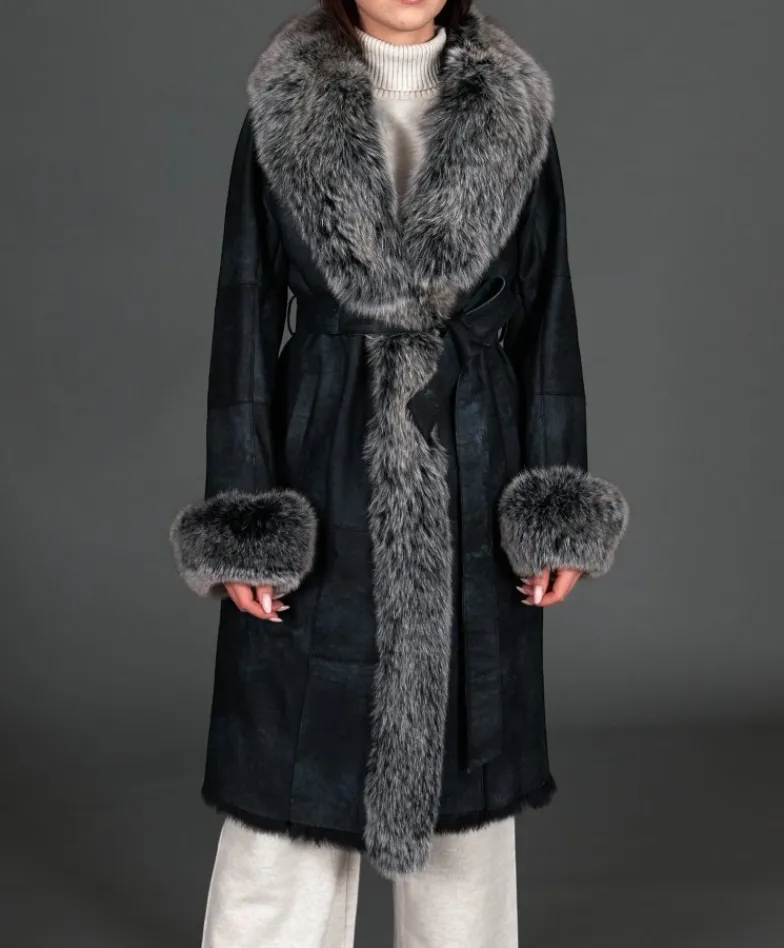 Donna D'Arienzo Ada - Cappotto in pelliccia di lapin nappato nero con collo in volpe brinata