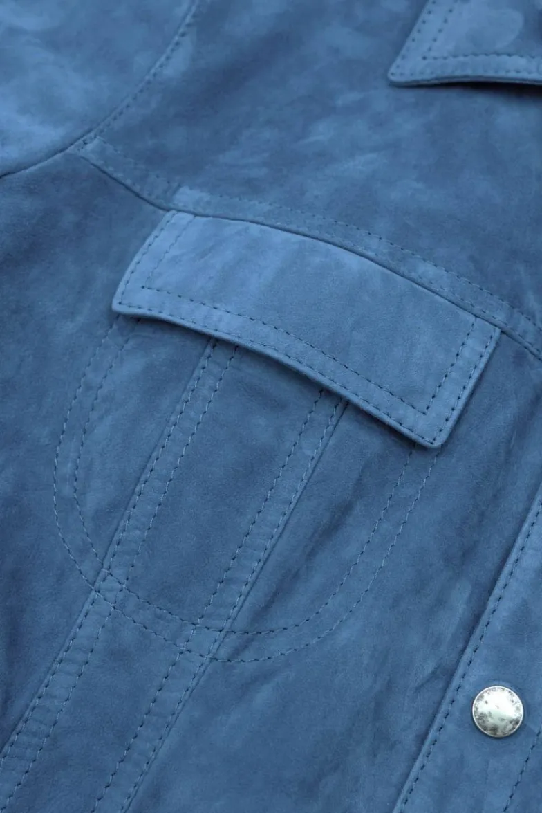 Uomo D'Arienzo Adam - Giacca pelle camoscio blu denim bottoni e collo camicia