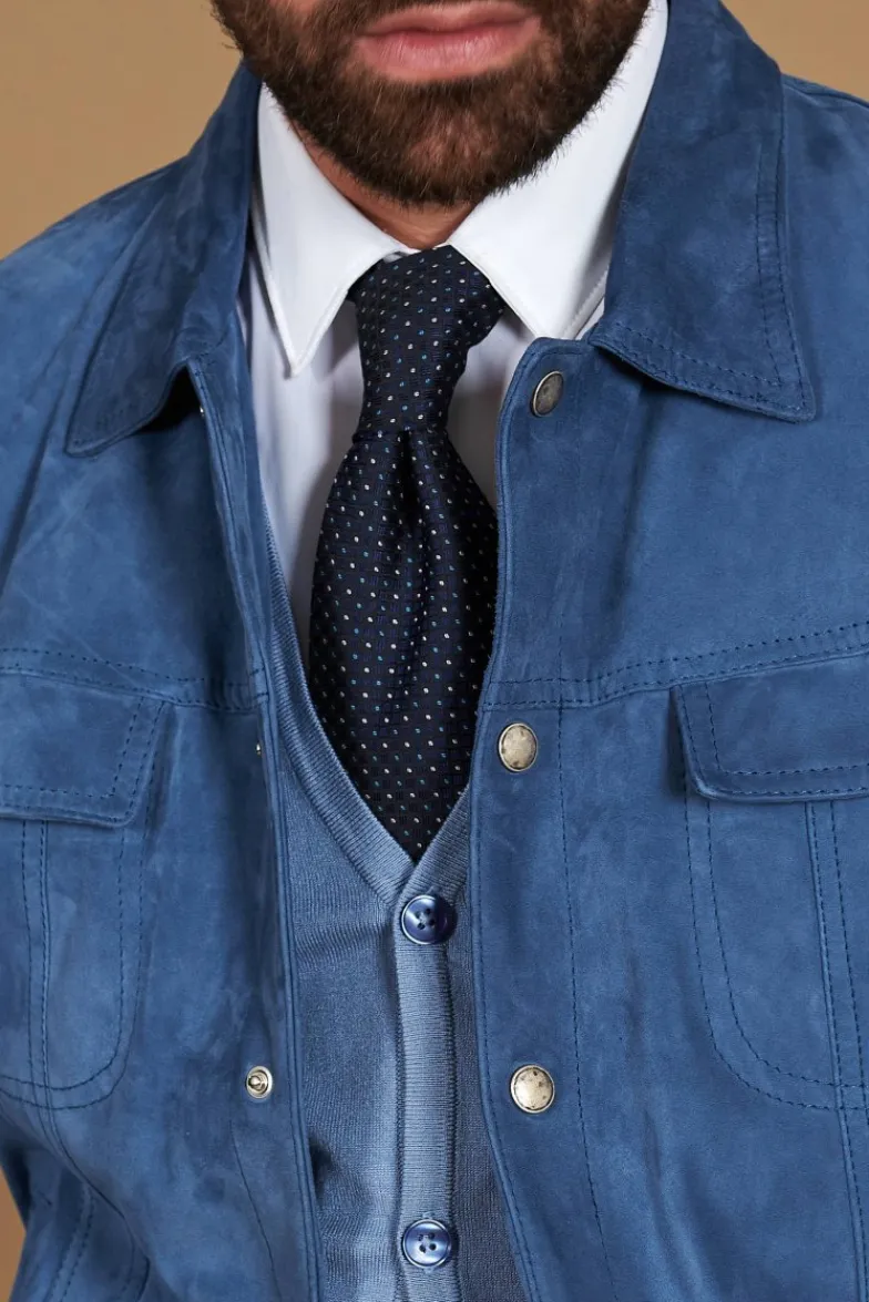 Uomo D'Arienzo Adam - Giacca pelle camoscio blu denim bottoni e collo camicia