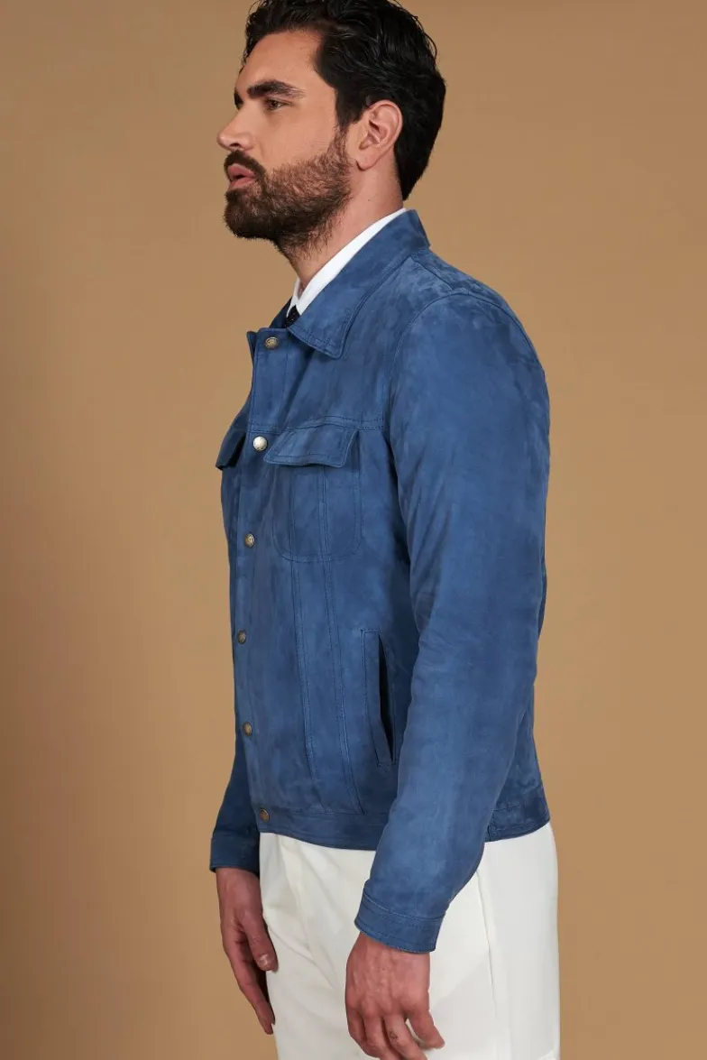 Uomo D'Arienzo Adam - Giacca pelle camoscio blu denim bottoni e collo camicia
