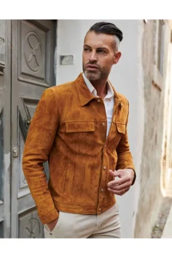 Uomo D'Arienzo Adam - Giacca sfoderata pelle camoscio cuoio con colletto camicia