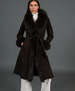 Donna D'Arienzo Adele - Cappotto in montone scamosciato testa di moro con bordi in volpe