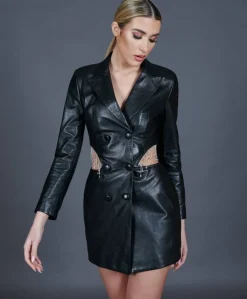 Donna D'Arienzo Agate - Vestito doppiopetto in pelle nera con catena gioiello