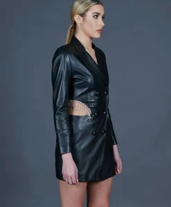 Donna D'Arienzo Agate - Vestito doppiopetto in pelle nera con catena gioiello