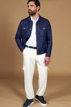 Uomo D'Arienzo Akyo - Giacca pelle naturale bluette con bottoni e collo camicia