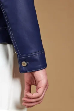 Uomo D'Arienzo Akyo - Giacca pelle naturale bluette con bottoni e collo camicia