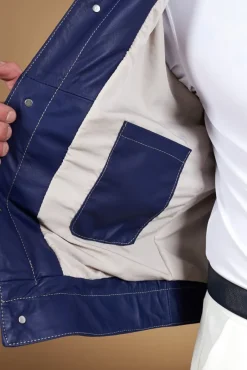 Uomo D'Arienzo Akyo - Giacca pelle naturale bluette con bottoni e collo camicia