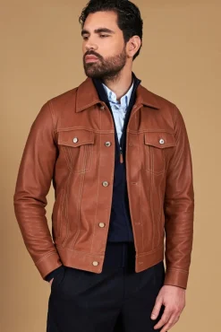 Uomo D'Arienzo Akyo - Giacca pelle naturale color cuoio con bottoni e collo camicia