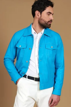 Uomo D'Arienzo Akyo - Giacca pelle naturale turchese con bottoni e collo camicia